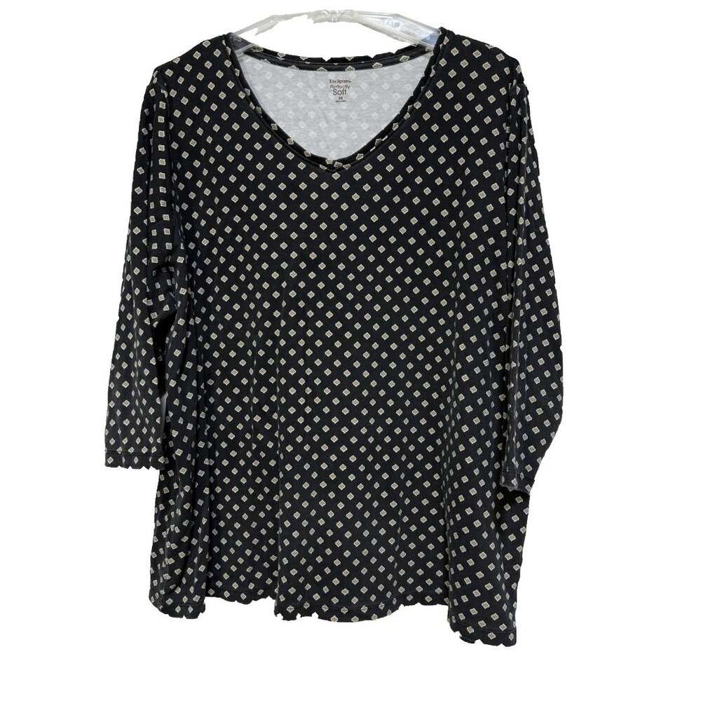 Kim Rogers Woman Womens Perfectly Soft Plus 2X Shirt Knit Top Black Geometric